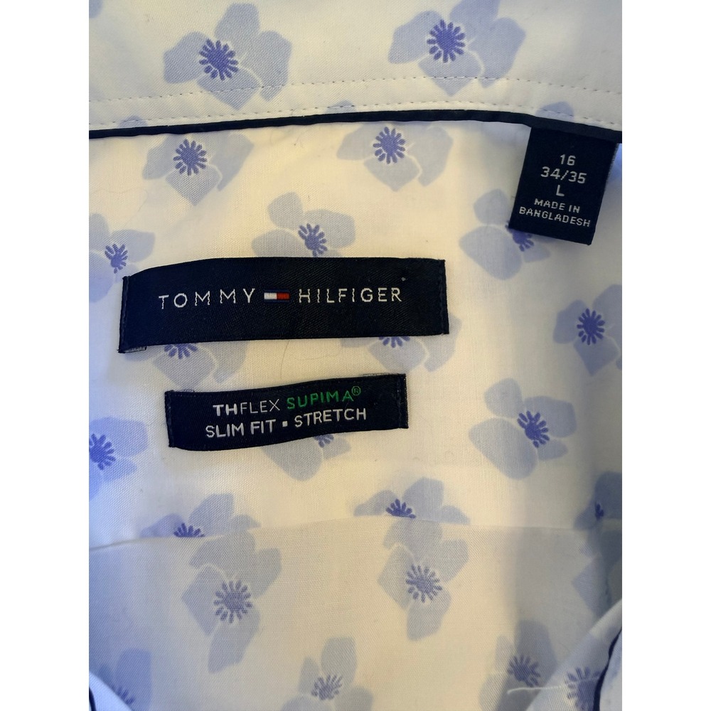 Tommy Hilfiger Mens TH Flex Slim Fit Supima Cotton Blue Floral Dress Shirt 16 L - Picture 4 of 10